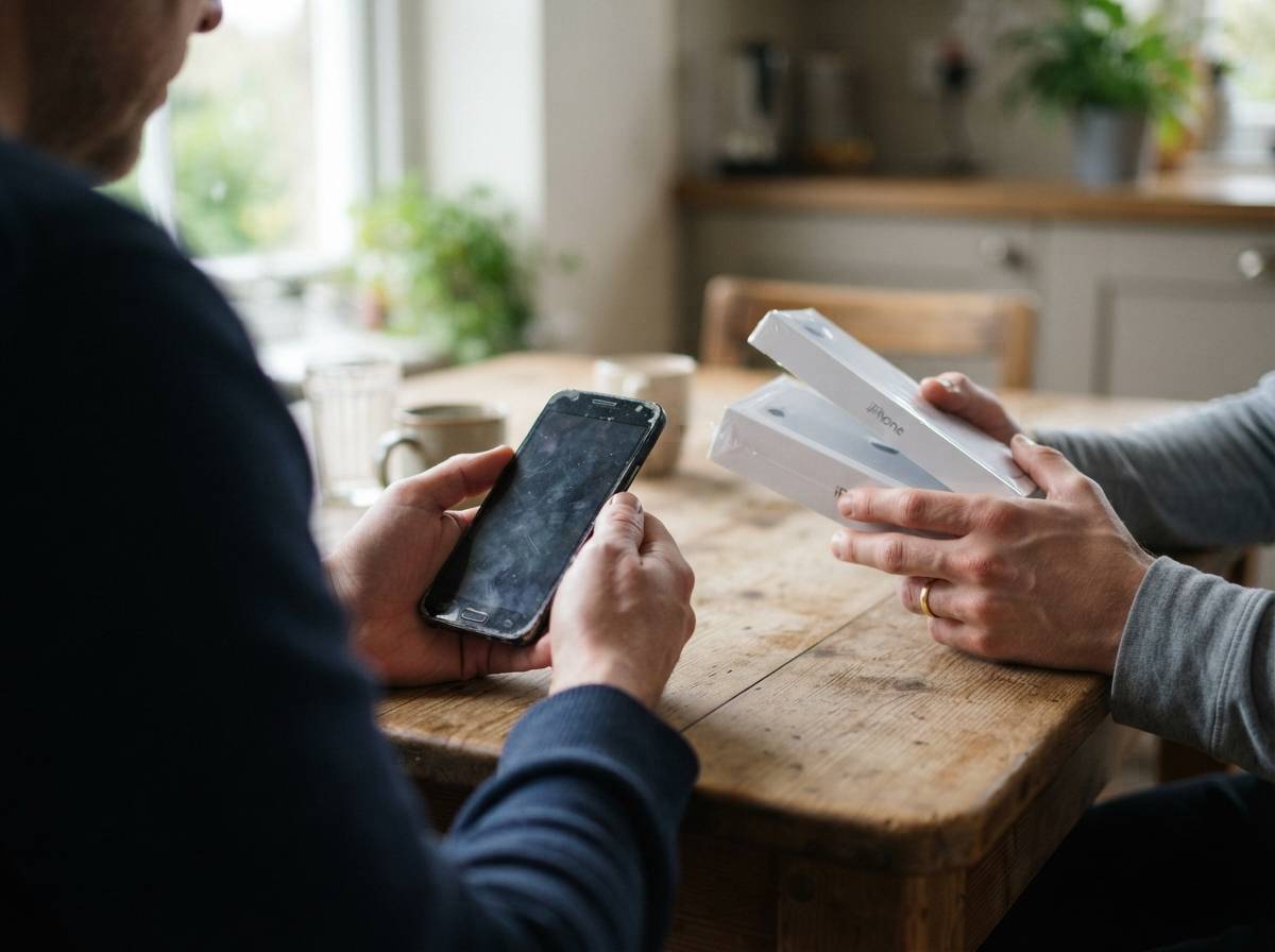 Two hands on a table, one holding a used budget smartphone and the other holding a new iPhone box.