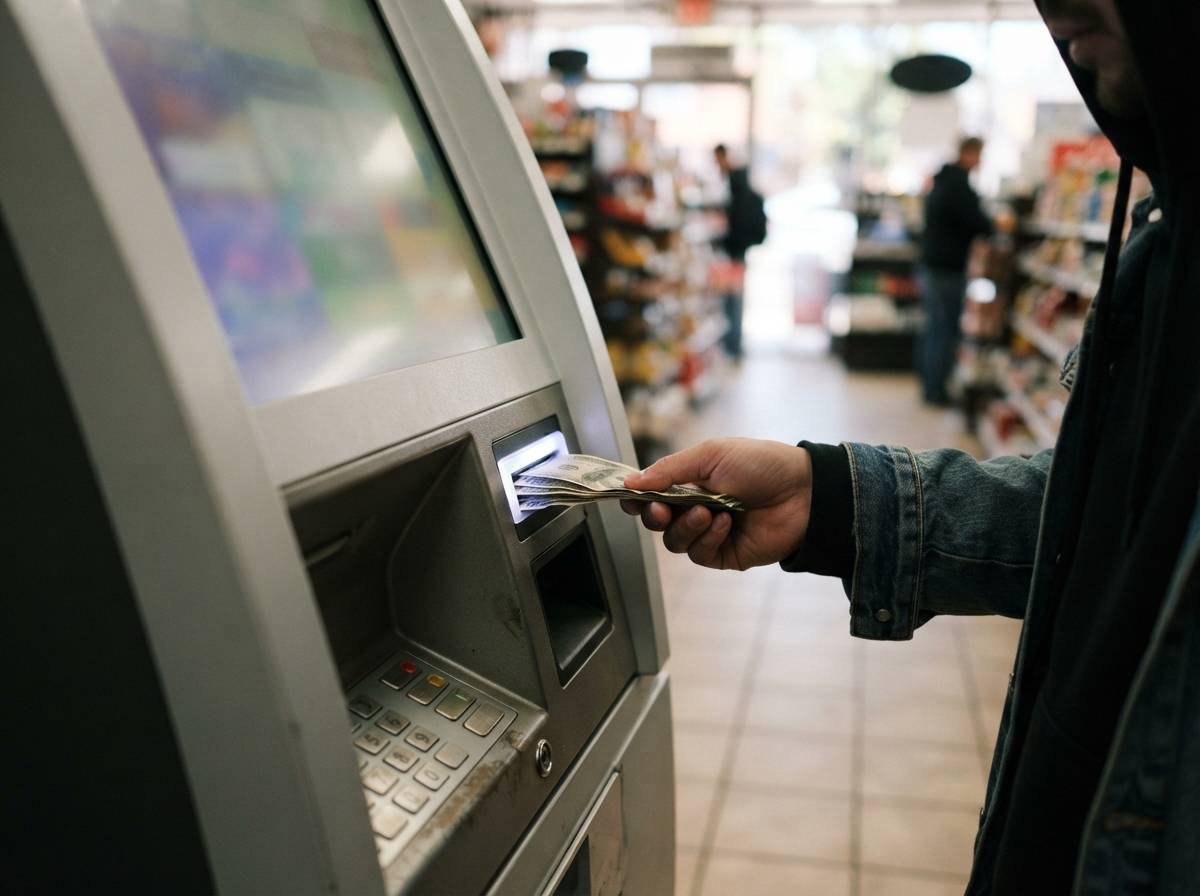 A customer uses a cryptocurrency ATM kiosk to insert cash for a digital currency purchase.