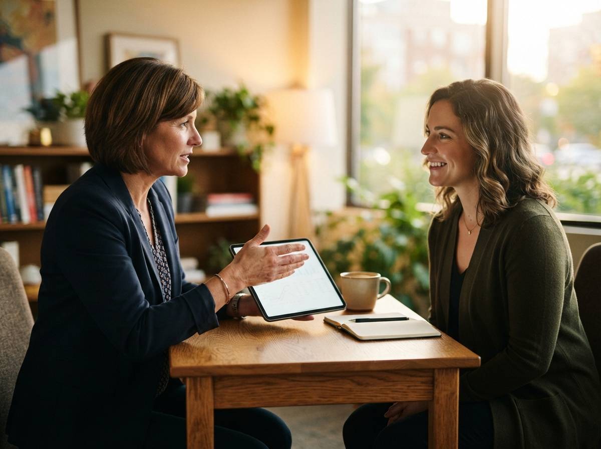 A financial advisor discusses account details with a client using a tablet.