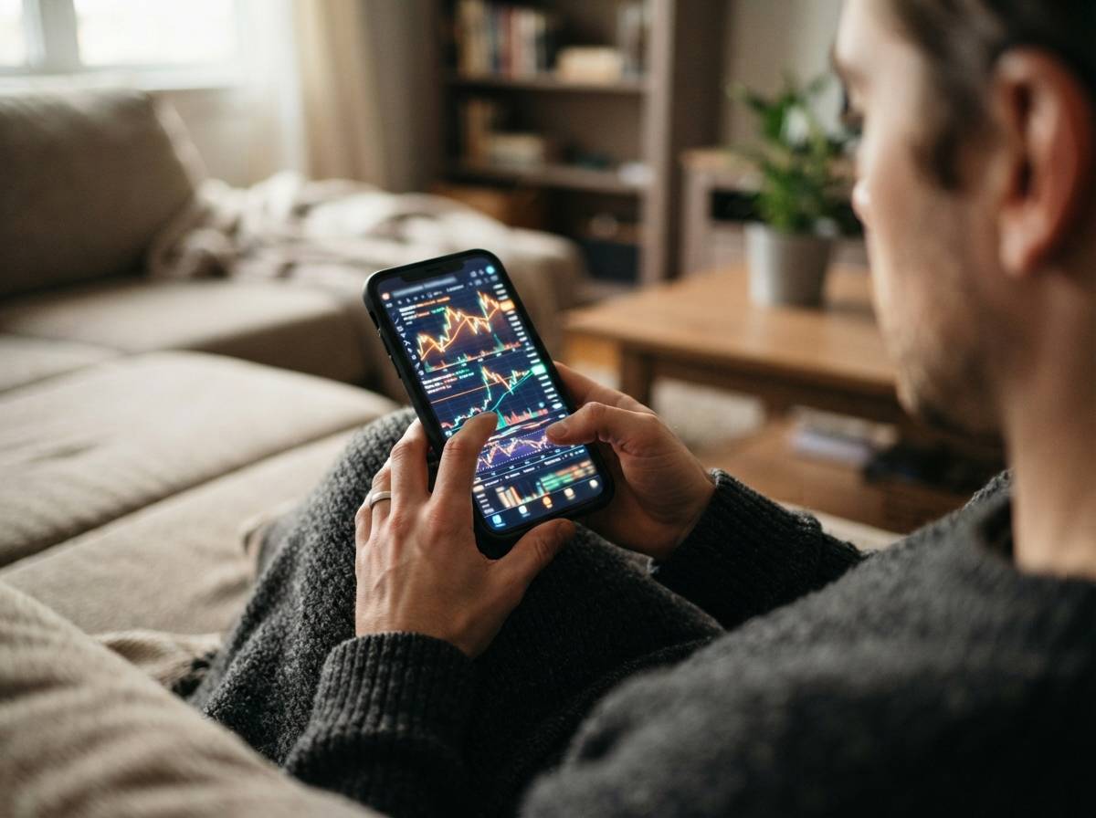 A person checks a cryptocurrency trading app on their smartphone while relaxing at home.