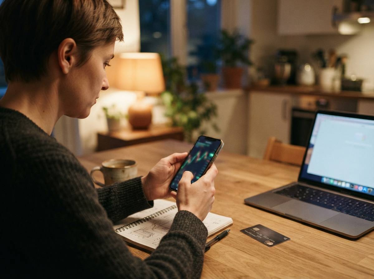 A person reviews a crypto rewards app on a phone beside a debit card and laptop at home.