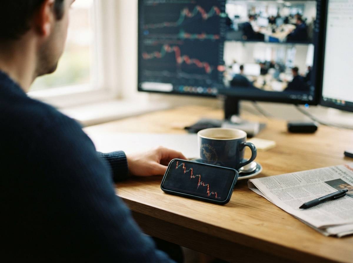 A smartphone screen shows a falling bitcoin price chart on a desk.