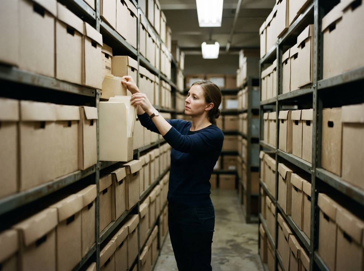 A staff member retrieves a labeled folder from shelves in a brokerage firm's file storage room.