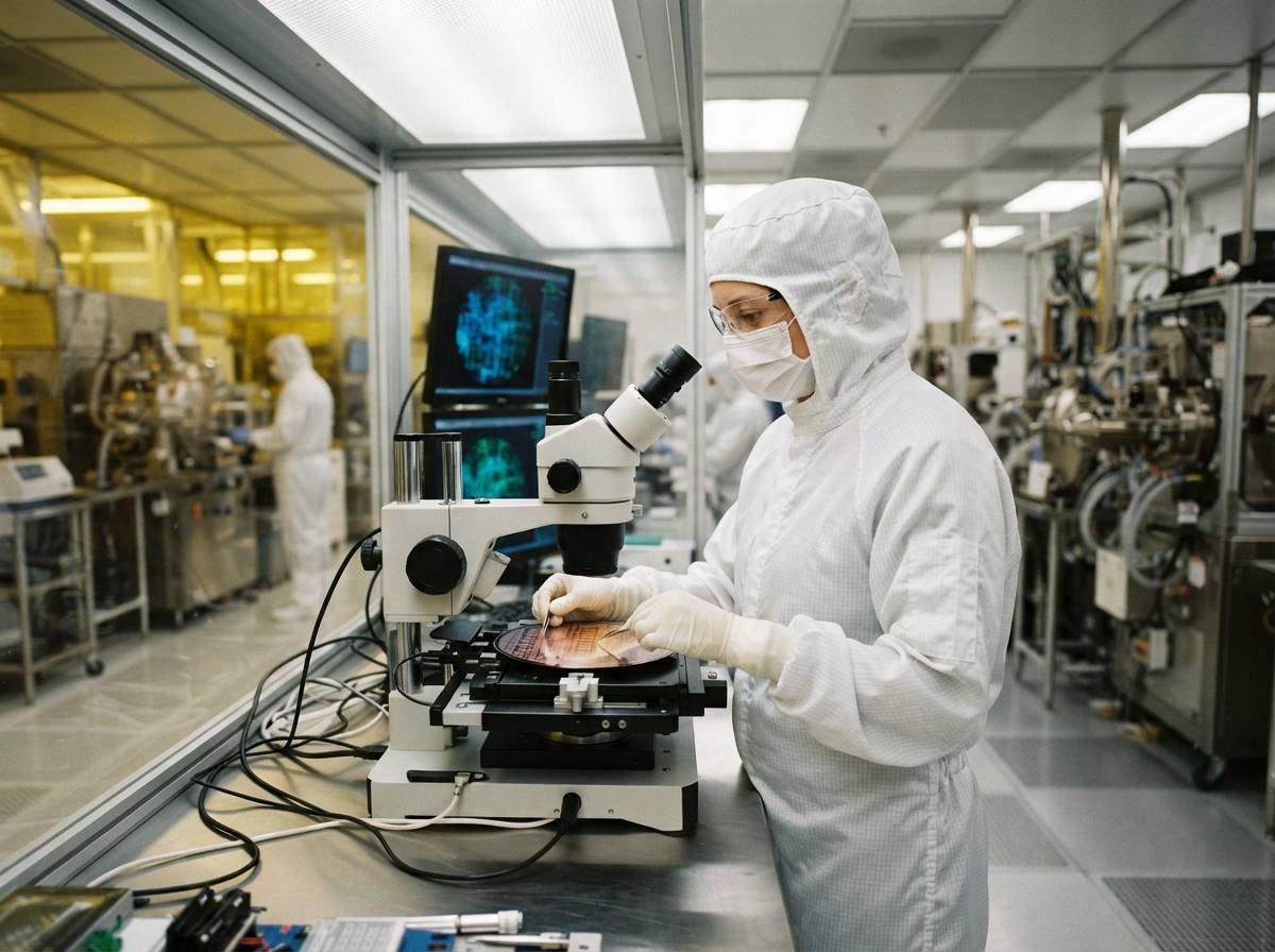 A technician in protective cleanroom gear inspects a silicon wafer inside a semiconductor fabrication facility.
