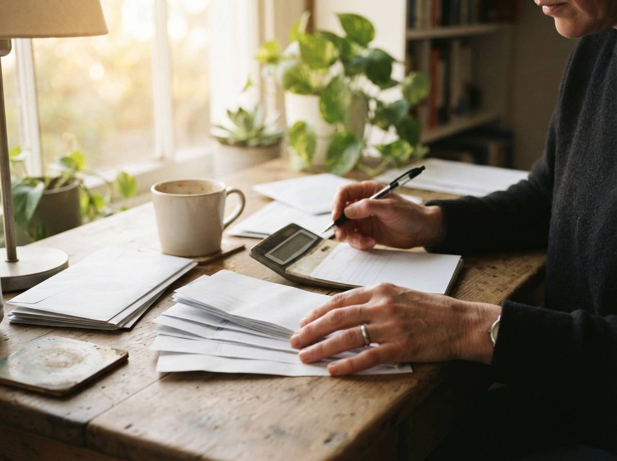 Close up of hands organizing credit card bills and a calculator at a home desk.9,