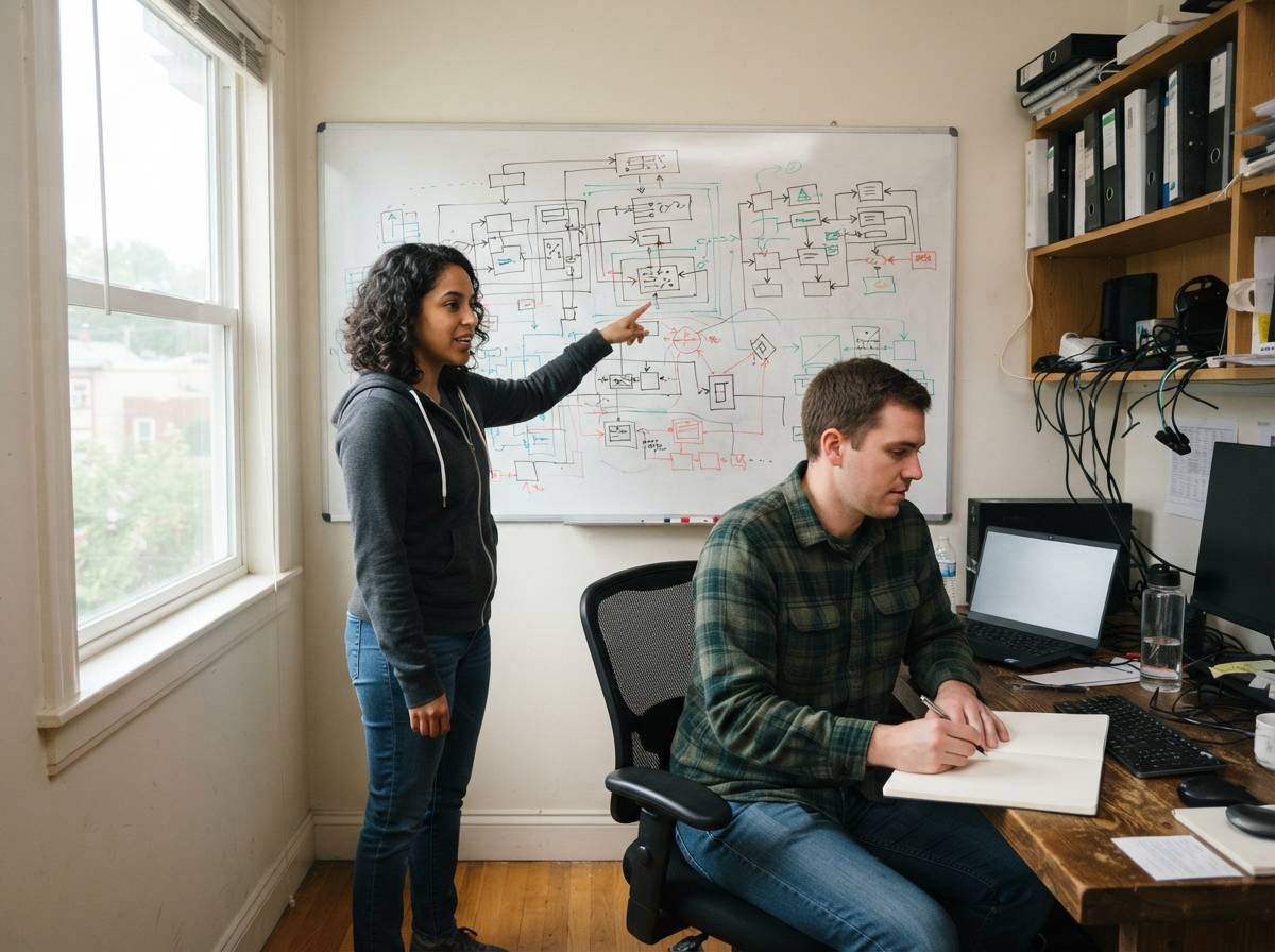 Two engineers discussing a whiteboard diagram of a cryptographic proof circuit in a sunlit office.