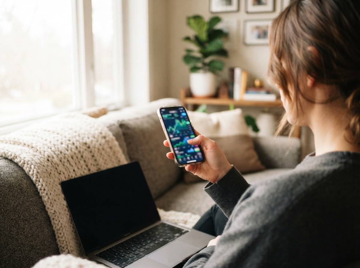 A close up over the shoulder view of someone checking their investing app on a smartphone.
