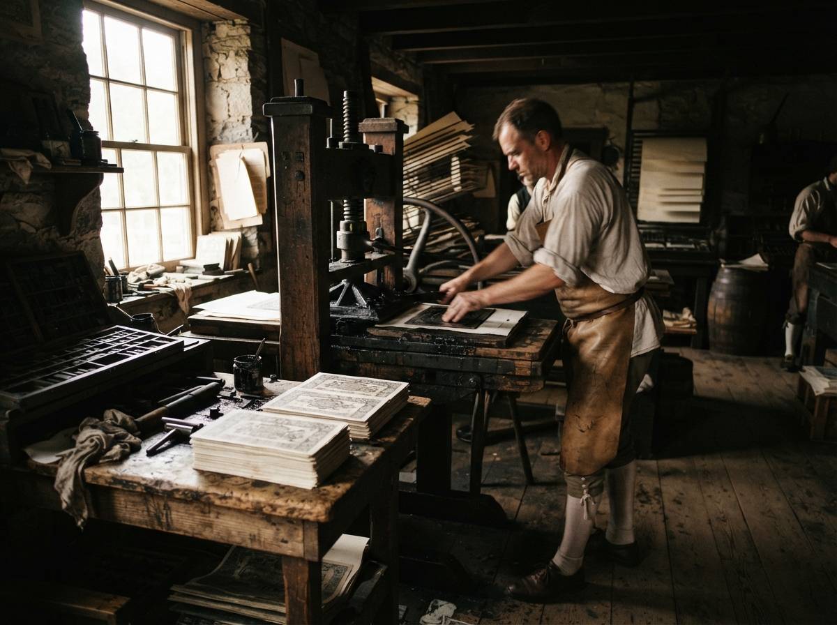 A colonial printing press producing sheets of early paper currency in a dimly lit shop.