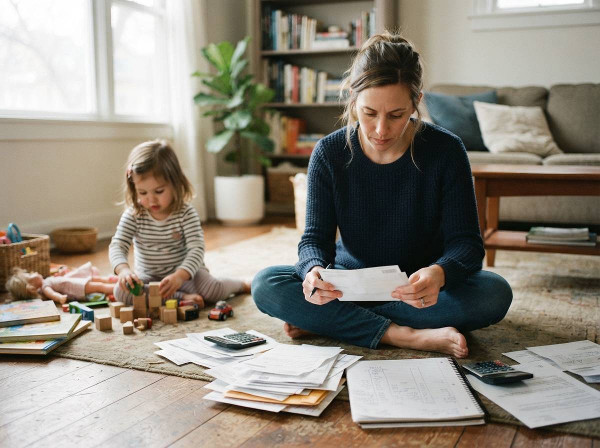 A parent sorts through bills and a budget notebook while a young child plays nearby.