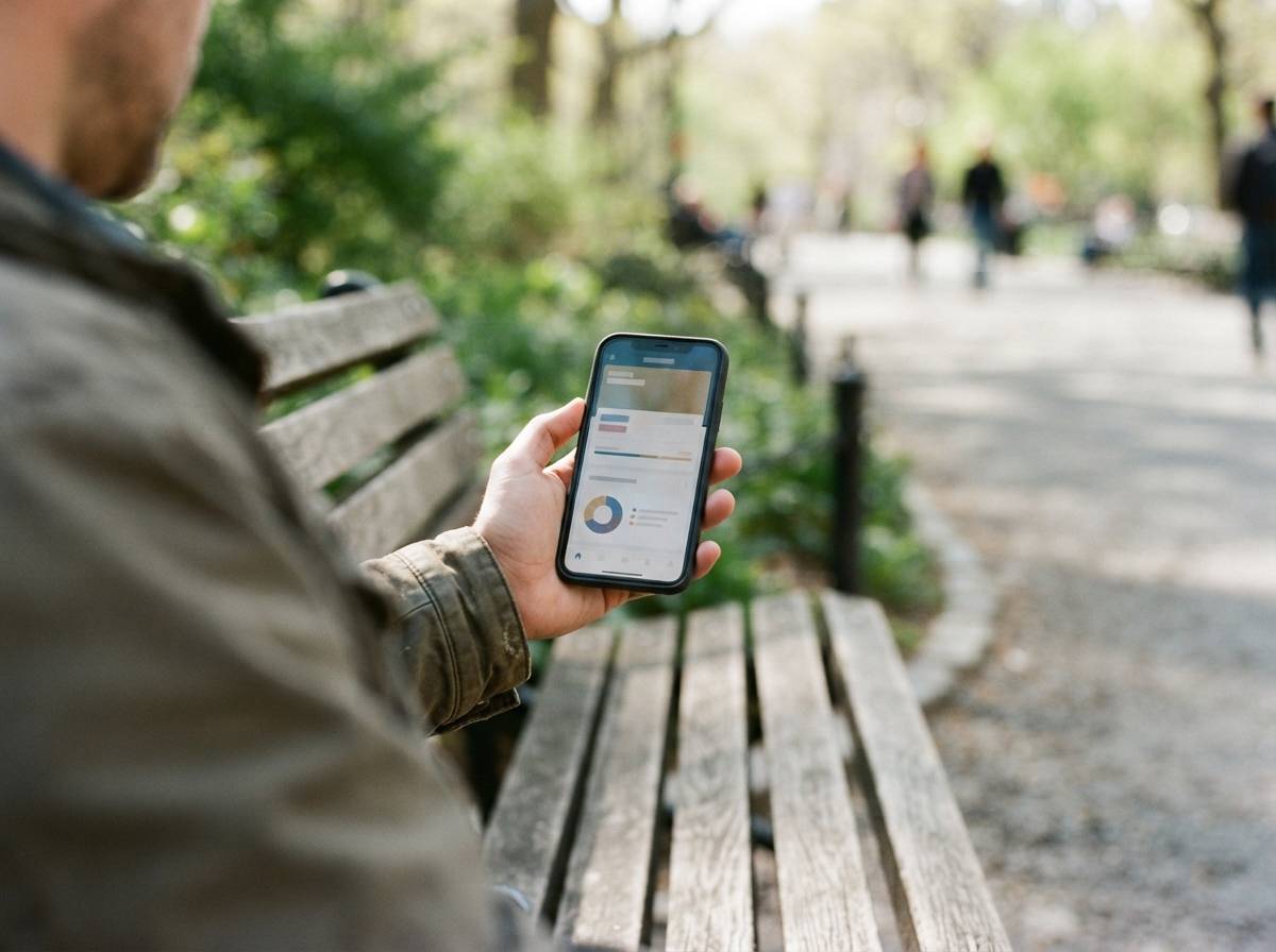 A person checks an investment app on their smartphone while sitting outdoors.