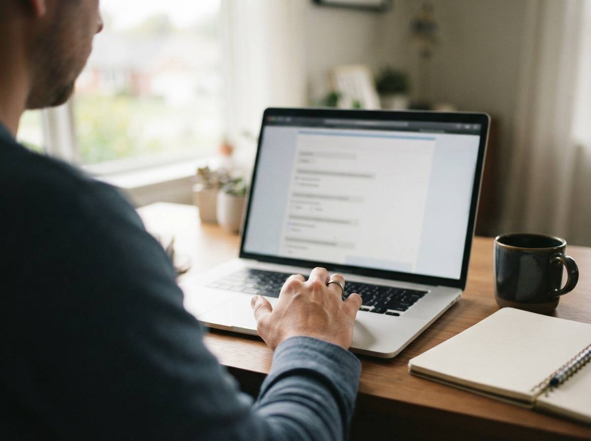 A person completing an online personality assessment questionnaire on a laptop at a desk.