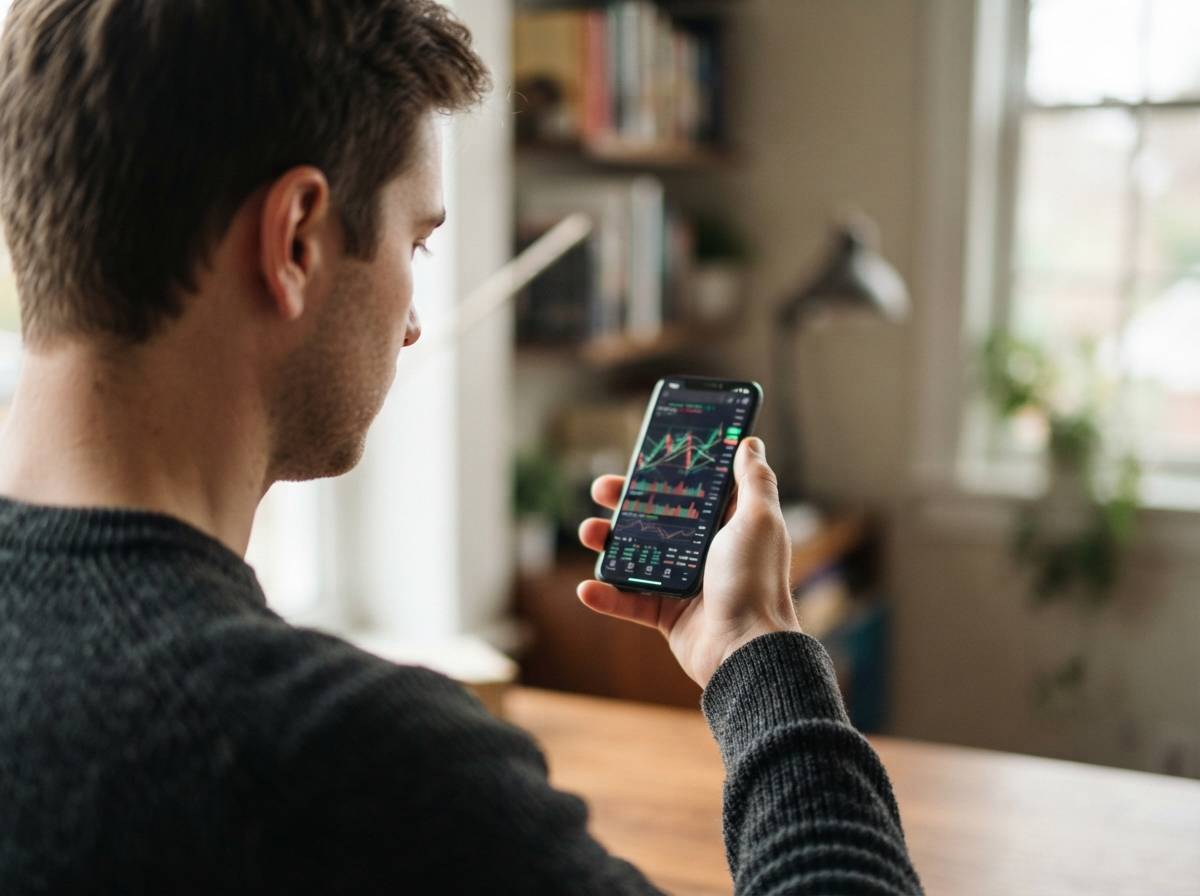 A person holds a smartphone showing a brokerage app while reviewing their investment portfolio.