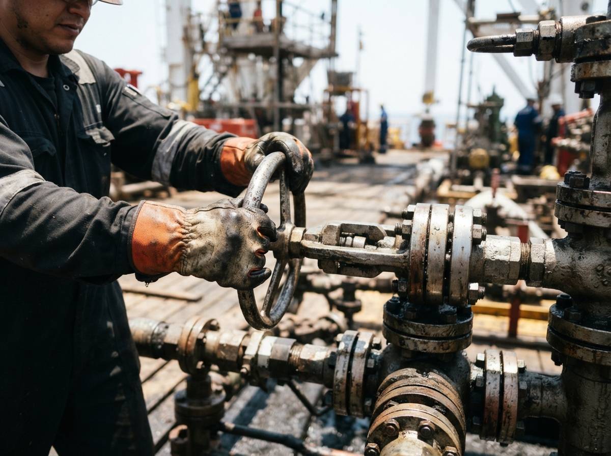 A worker's gloved hands adjust valves on pipes at an oil drilling rig.