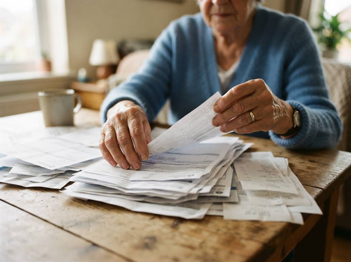 An older woman's hands sort through medical bills and pharmacy receipts on a table.