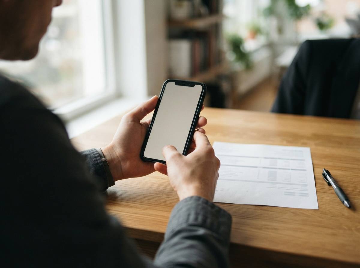 Close up of a person checking a stock investing app on their phone next to a printed financial statement.