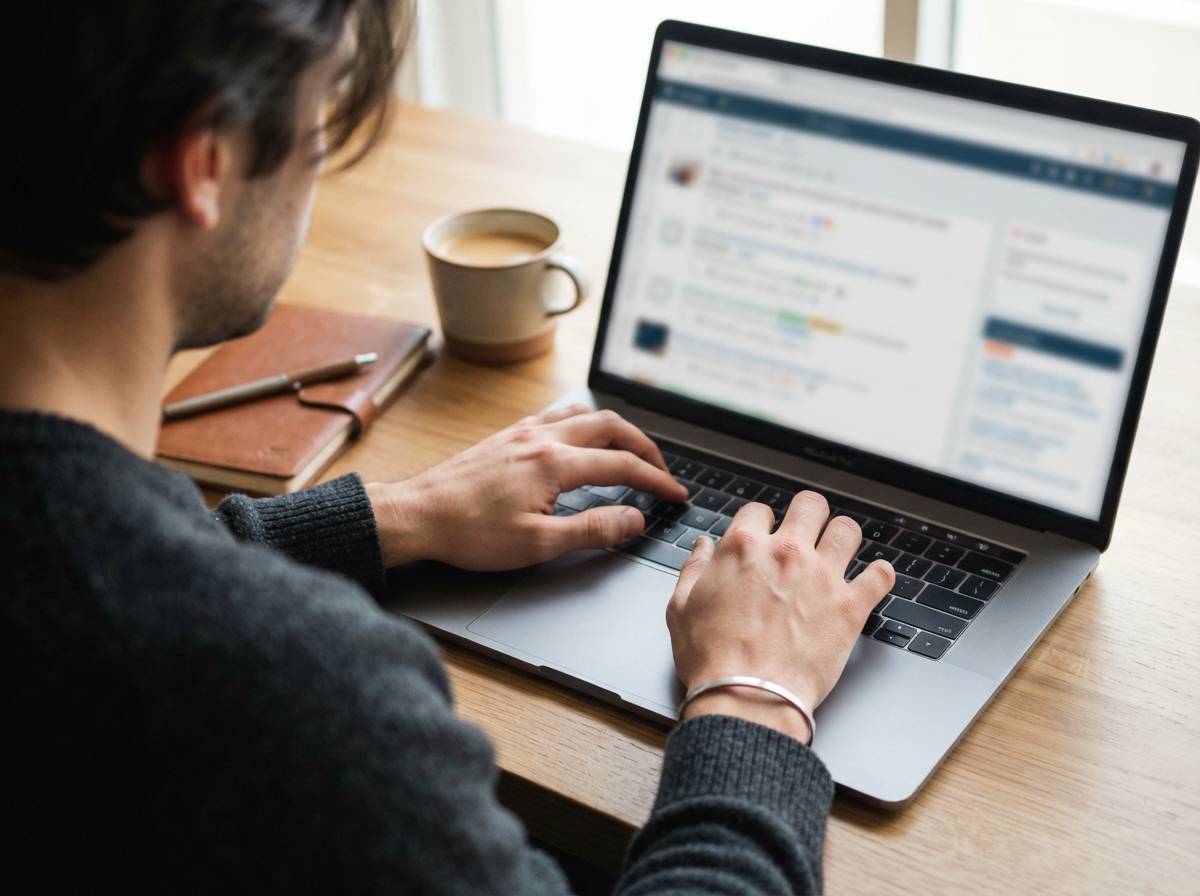 Close up of hands typing on a laptop showing an online finance discussion thread.