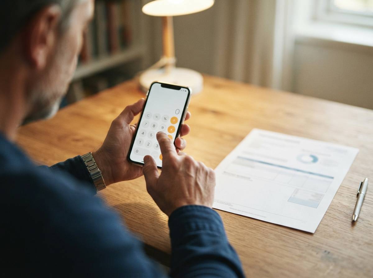 Hands entering numbers into a calculator app beside a printed investment statement.